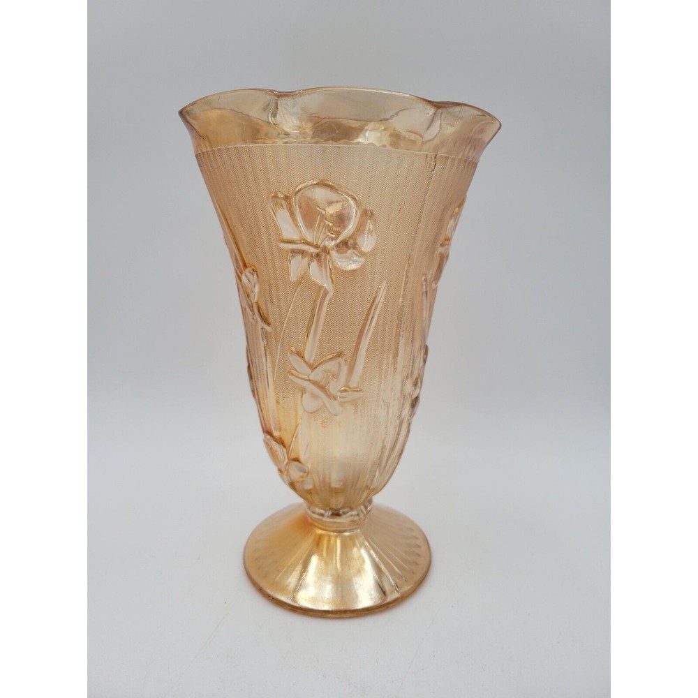 Vintage Jeanette Marigold Carnival Glass Iris and Herringbone‎ Footed Vase